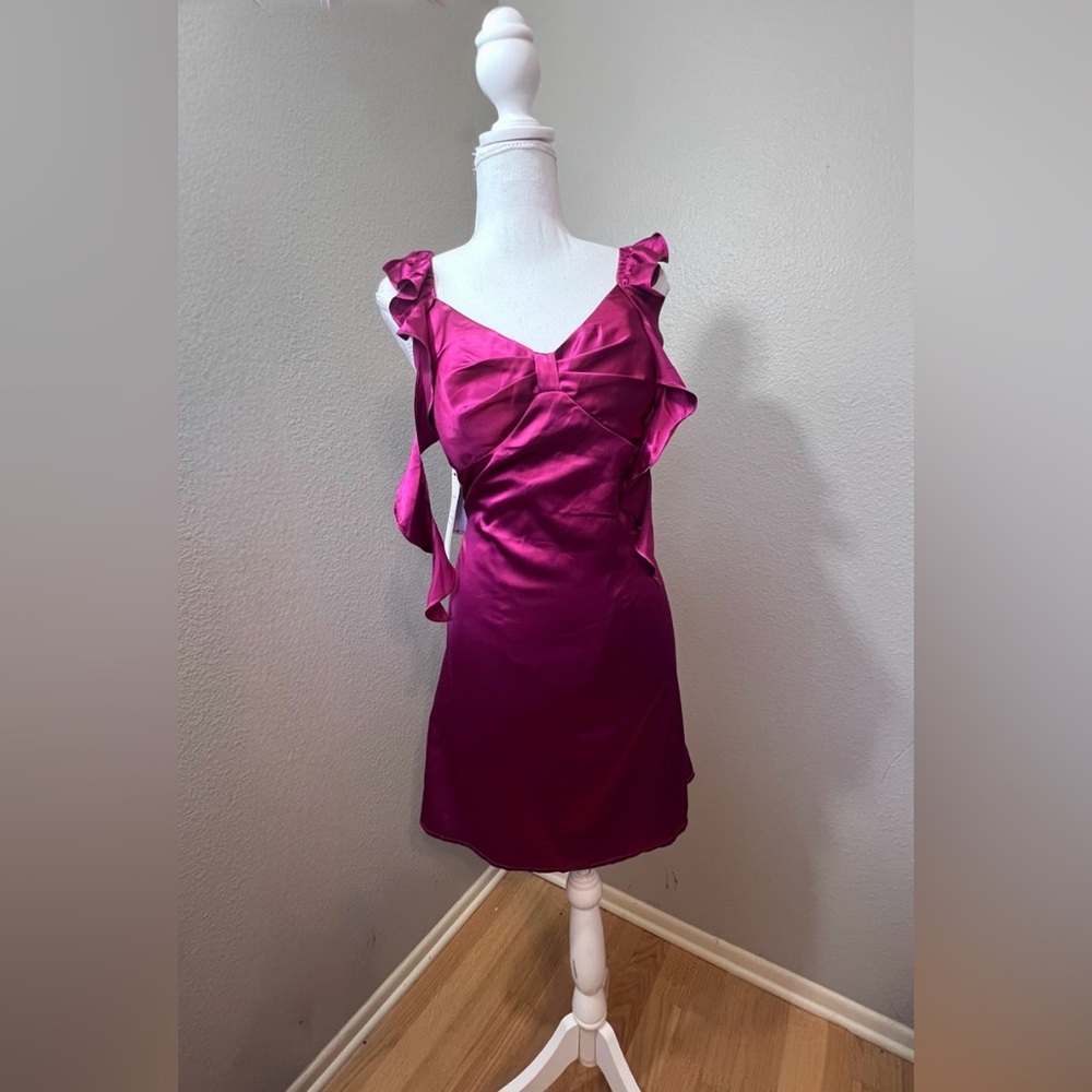 #319 Burgundy ruffled shoulder straps satin slip dress - Size 8/Medium